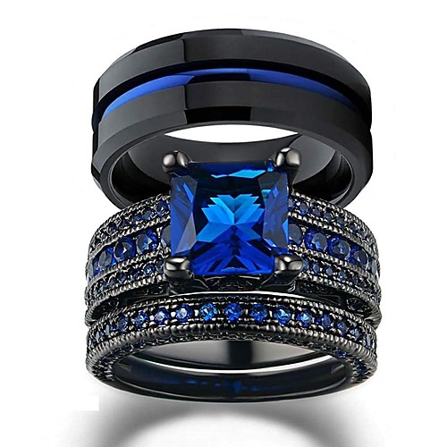 

Couple Rings Black Gold Filled Princess Cut Blue Cz Womens Wedding Ring Man Tungsten Wedding Band