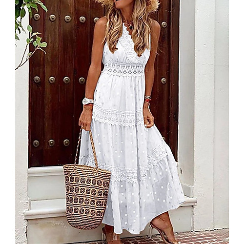 

Women's Swing Dress Maxi long Dress Yellow Blushing Pink Khaki White Light Blue Sleeveless Polka Dot Print Lace Patchwork Spring Summer V Neck Hot Casual Holiday 2021 S M L XL / Chiffon