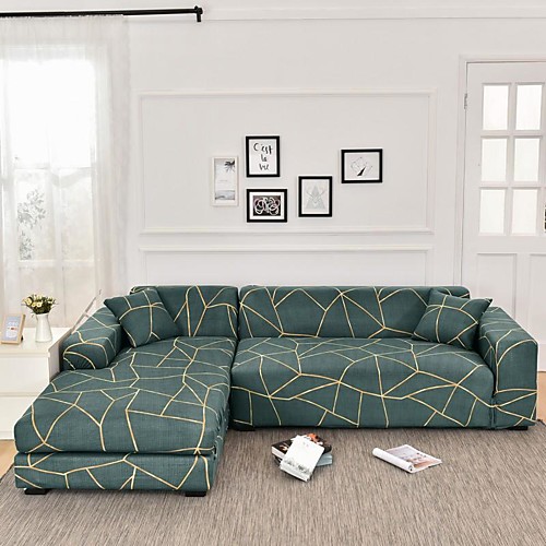 

Green Grid Print Dustproof All-powerful Slipcovers Stretch L Shape Sofa Cover Super Soft Fabric Couch Cover Sofa Furniture Protector with One Free Boster Case