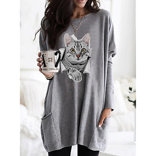 

Women's T shirt Dress Cat Graphic 3D Long Sleeve Pocket Round Neck Tops Basic Basic Top White Black Fuchsia