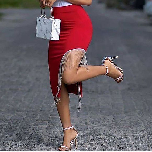 

Women's Daily Date Streetwear Bodycon Skirts Solid Colored Tassel Fringe Split Red