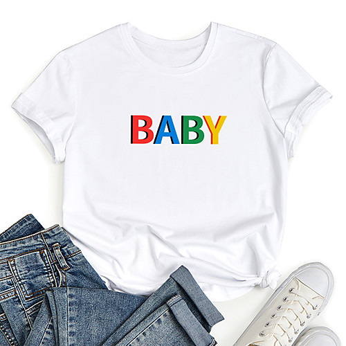 

Women's T shirt Graphic Letter Print Round Neck Tops 100% Cotton Basic Basic Top White
