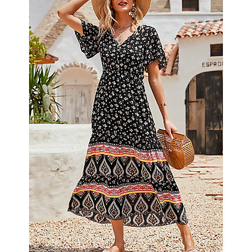 

Women's Sheath Dress Midi Dress Black Short Sleeve Print Color Block Patchwork Print Fall Summer V Neck Casual 2021 S M L XL