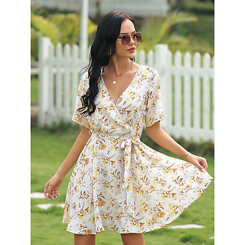 

Women's A Line Dress Short Mini Dress Yellow Short Sleeve Print Spring Summer Casual / Daily 2021 M L XL 2XL 3XL