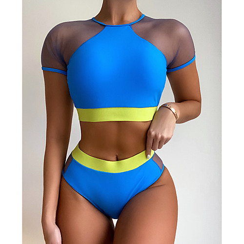 

Women's Bikini 2 Piece Swimsuit High Waist Mesh Solid Color Blue Blushing Pink Green Black Swimwear Bathing Suits New Sexy Sports / Padded Bras / Beach
