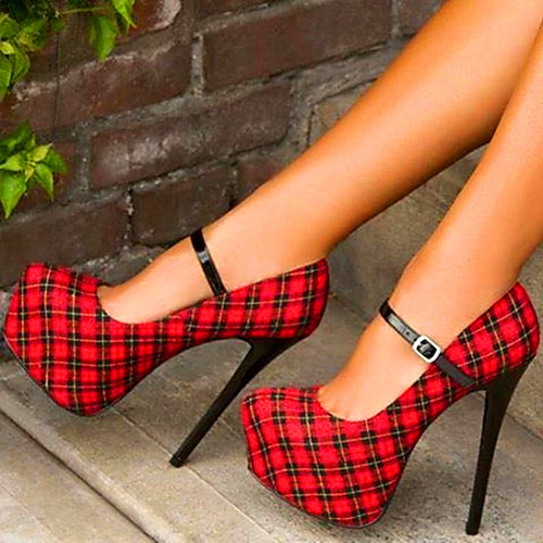 

Women's Heels Stiletto Heel Round Toe Satin Lace-up Plaid Red