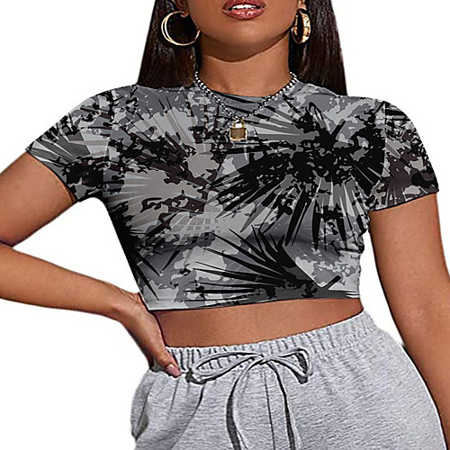 

Women's Plus Size Tops T shirt Graphic Color Block Geometry Print Short Sleeve Crewneck Sexy Streetwear Blue Yellow Black Big Size XL XXL 3XL 4XL 5XL / Crop / Going out