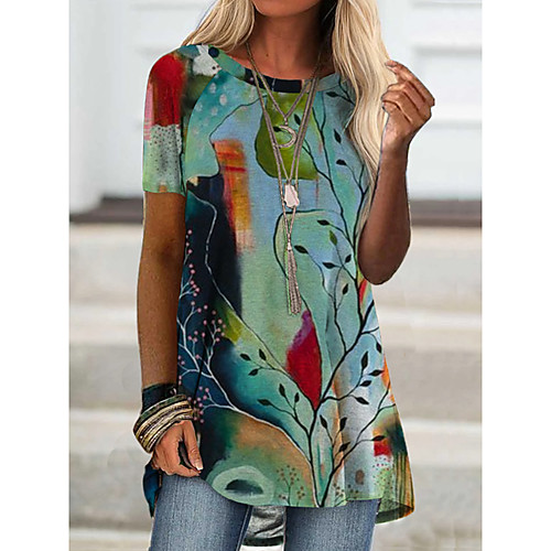 

Women's Floral Theme T shirt Dress Plants Print Round Neck Basic Tops Green