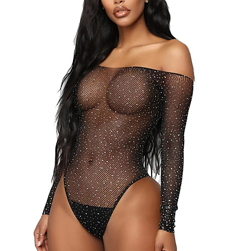 

Women's Plus Size Bodysuits Mesh Galaxy Off Shoulder Spring Summer Black Big Size One-Size