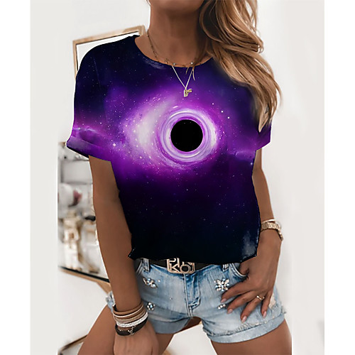 

Women's 3D Printed T shirt Galaxy 3D Print Round Neck Basic Tops Purple