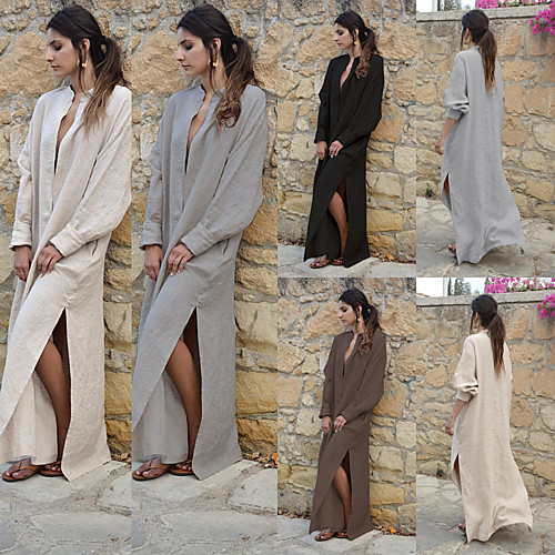 

aliexpress ebay amazon wish explosion cotton and linen v-neck loose long-sleeved side slit long dress
