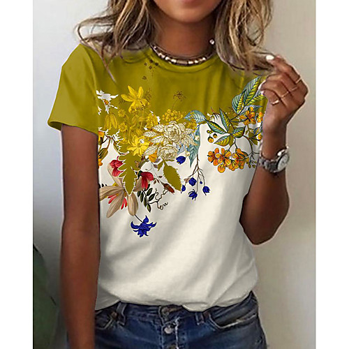 

Women's Floral Theme Butterfly Painting T shirt Floral Butterfly Color Block Print Round Neck Basic Tops Blue Purple Yellow