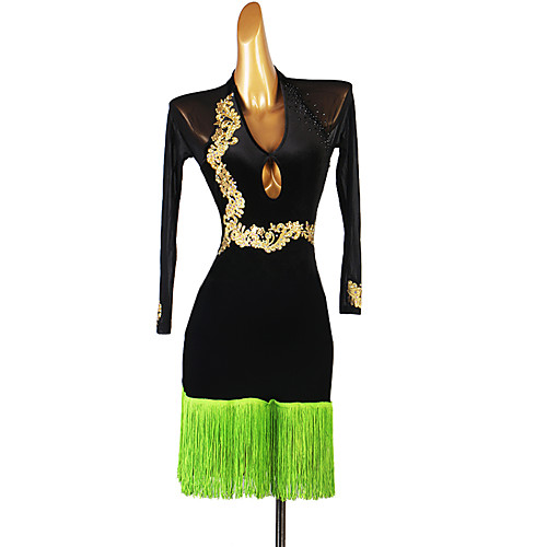 

Latin Dance Dress Tassel Embroidery Crystals / Rhinestones Women's Training Performance Long Sleeve Chinlon Mesh