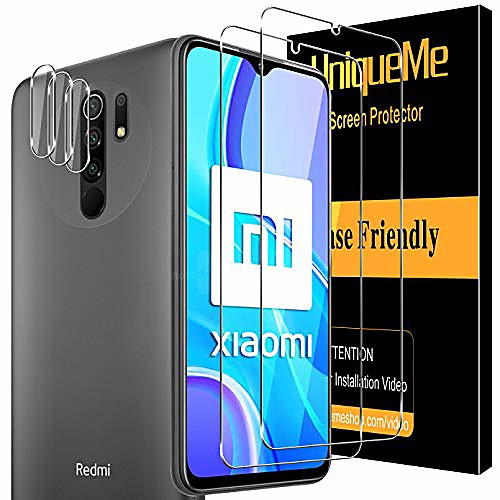 

[3 2 pack] unqiueme 2 pack protective film compatible with xiaomi redmi 9 and 3 pack armored glass camera protection, [maximum range] [bubble free] hd clear film tempered glass screen protector