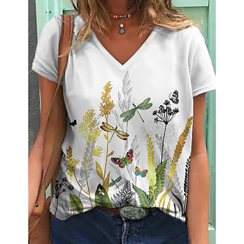 

Women's Floral Theme T shirt Plants Butterfly Print V Neck Tops Basic Basic Top White