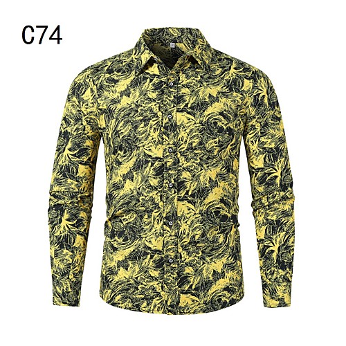 

Men's Shirt Other Prints Floral Long Sleeve Casual Tops Chinoiserie Yellow