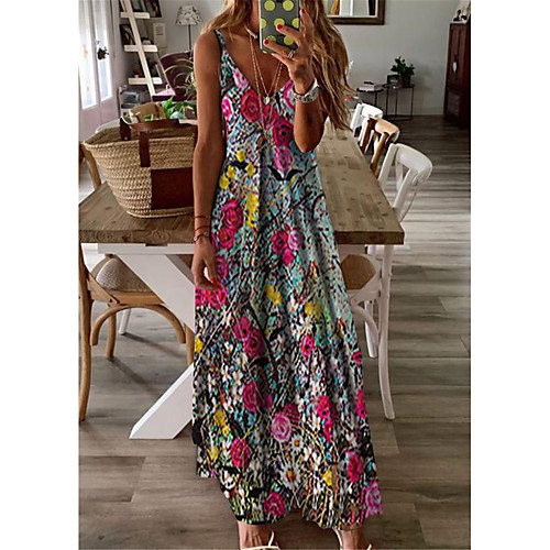 

Women's A Line Dress Maxi long Dress Fuchsia Sleeveless Floral Print Print Spring Summer V Neck Casual Holiday 2021 S M L XL XXL 3XL
