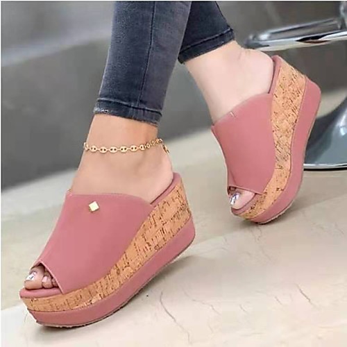 

Women's Sandals Heeled Mules Wedge Heel PU Solid Colored White Black Pink