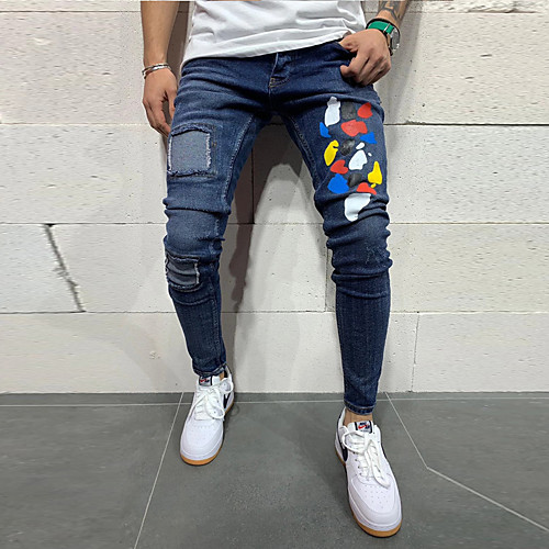 

Men's Simple Jeans Pants Spot Full Length Print 1 Blue
