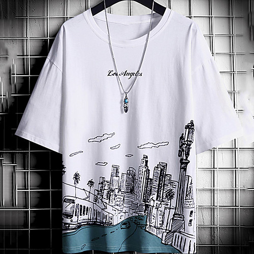 

Men's Unisex Tee T shirt Hot Stamping Graphic Prints Building Letter Plus Size Print Short Sleeve Casual Tops Cotton Basic Fashion Designer Big and Tall White Black Dark Gray