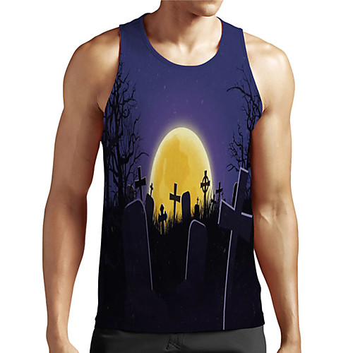 

Men's Unisex Tank Top Undershirt 3D Print Halloween Graphic Prints Moon Plus Size Print Sleeveless Casual Tops Basic Designer Big and Tall Blue