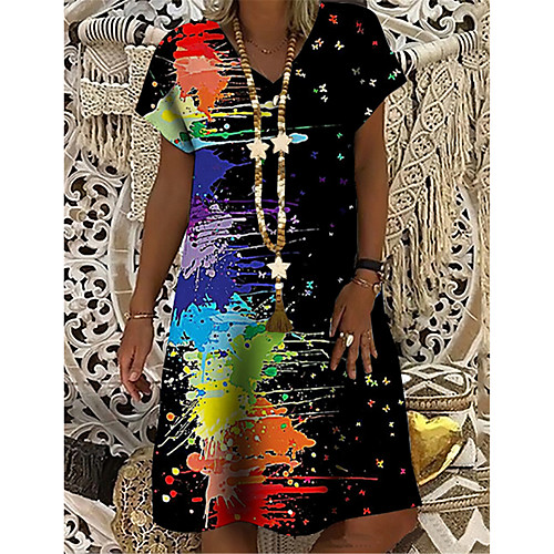 

Women's T Shirt Dress Tee Dress Knee Length Dress Black Short Sleeve Print Color Block Print Spring Summer V Neck Casual Holiday 2021 S M L XL XXL 3XL
