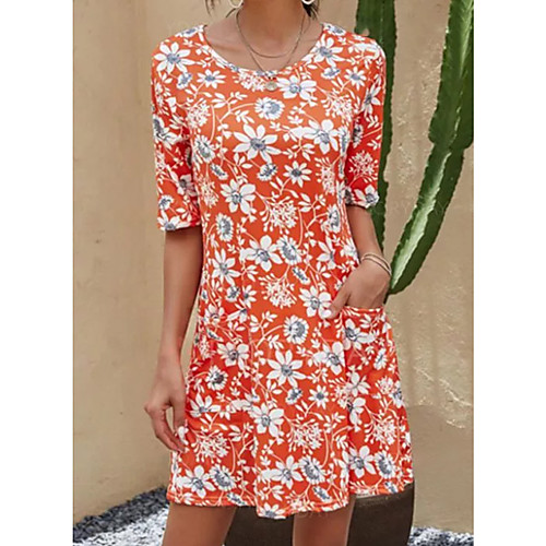 

Women's A Line Dress Knee Length Dress Blue Green Orange Black Red Half Sleeve Print Spring Summer Casual / Daily 2021 M L XL 2XL 3XL