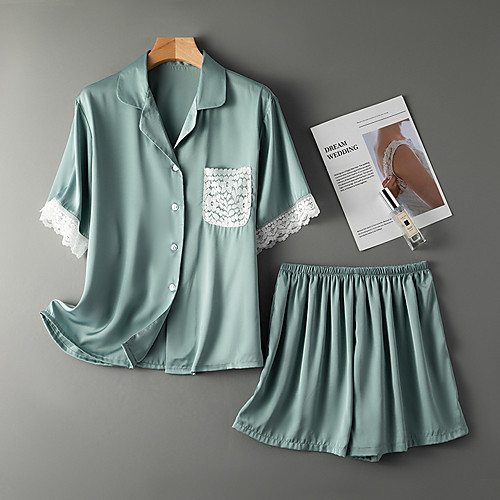 

Women's Suits Loungewear Pajamas Lace Patchwork POLY 65% Rayon / 35%Polyester Casual Shirt Shorts Shirt Collar Daily Daily Wear Short Sleeve Buckle / Going out