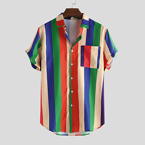 

Men's Shirt Striped Button-Down Short Sleeve Casual Tops Lightweight Casual Fashion Breathable Blue