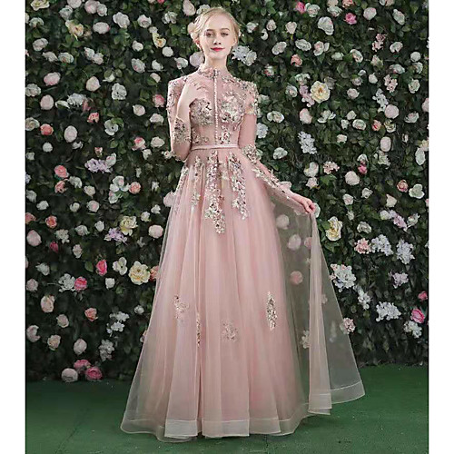 

A-Line Cut Out Floral Prom Formal Evening Dress High Neck Long Sleeve Floor Length Organza with Embroidery 2021