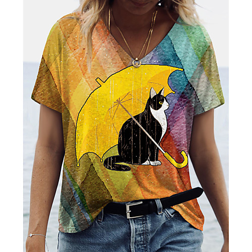 

Women's Cat Painting T shirt Cat Graphic Geometric Print V Neck Basic Tops Yellow