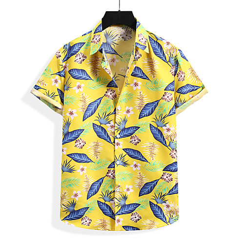 

Men's Shirt Floral Graphic Print Short Sleeve Casual Tops Casual Tropical Beach Yellow Gray