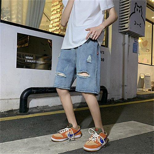 

Men's Shorts Jeans Bermuda shorts Pants Solid Colored Cut Out Blue