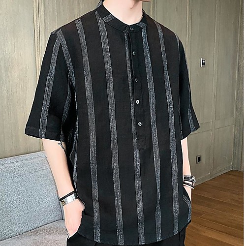 

Men's Shirt non-printing Striped 3/4 Length Sleeve Going out Tops Black / White White Khaki