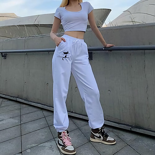 

Women's Fashion Casual / Sporty Comfort Daily Fitness Sweatpants Pants Cat Animal Full Length Print White Black Gray