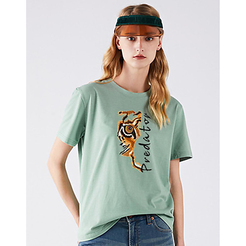 

Women's T shirt Tiger Print Round Neck Basic Tops Black Khaki Green