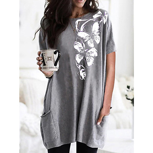 

Women's T shirt Dress Graphic Butterfly Round Neck Tops Basic Basic Top Black Wine Army Green