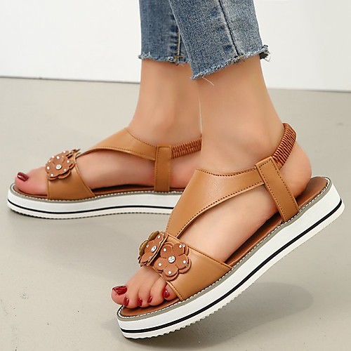 

Women's Sandals Flat Heel Round Toe PU Solid Colored Black Red Brown