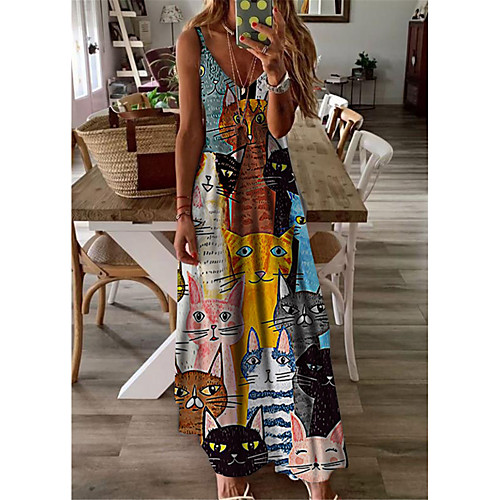 

Women's A Line Dress Maxi long Dress Rainbow Sleeveless Cat Animal Print Spring Summer V Neck Casual Holiday 2021 S M L XL XXL 3XL