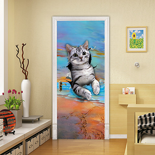 

2pcs Self-adhesive Creative Silly Cat Door Stickers For Living Room Diy Decorative Home Waterproof Wall Stickers
