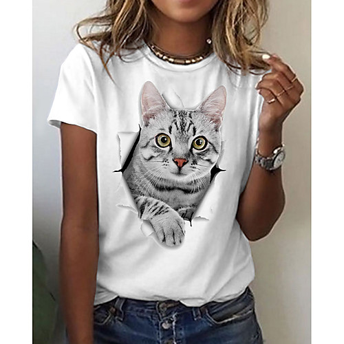 

Women's 3D Cat T shirt Cat 3D Animal Print Round Neck Basic Tops White