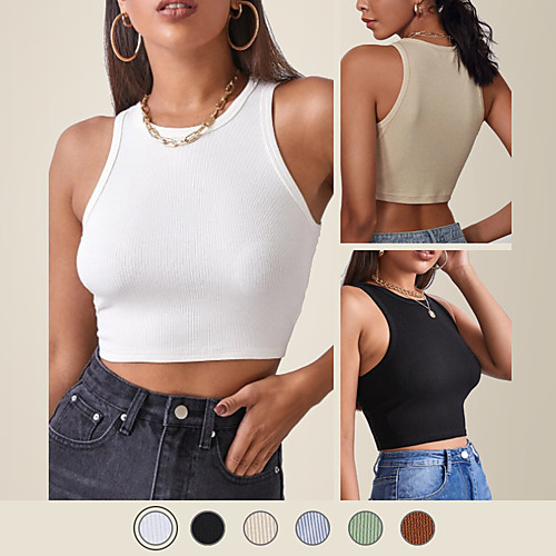 

LITB Basic Women's Sleeveless Round NeckCrop Top Solid Color Vest Knitwear Daily Outfit