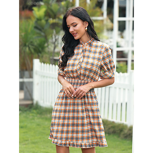 

Women's A Line Dress Knee Length Dress Yellow Gray Red Short Sleeve Plaid / Check Spring Summer Casual / Daily 2021 M L XL 2XL 3XL