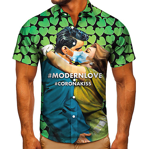 

Men's Shirt 3D Print Graphic Prints Human Button-Down Short Sleeve Street Tops Casual Fashion Classic Breathable Green