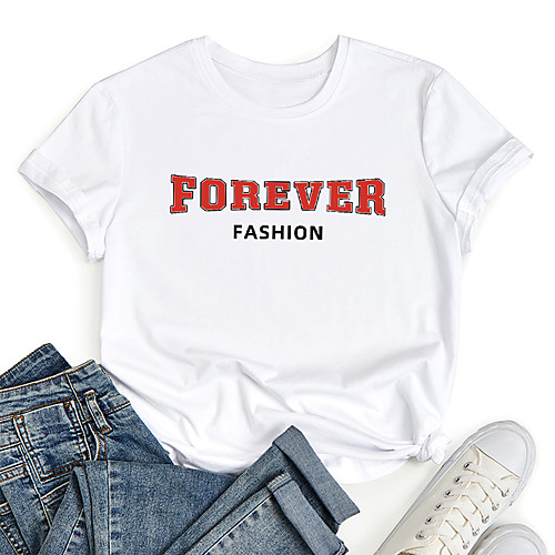 

Women's T shirt Graphic Letter Print Round Neck Tops 100% Cotton Basic Basic Top White