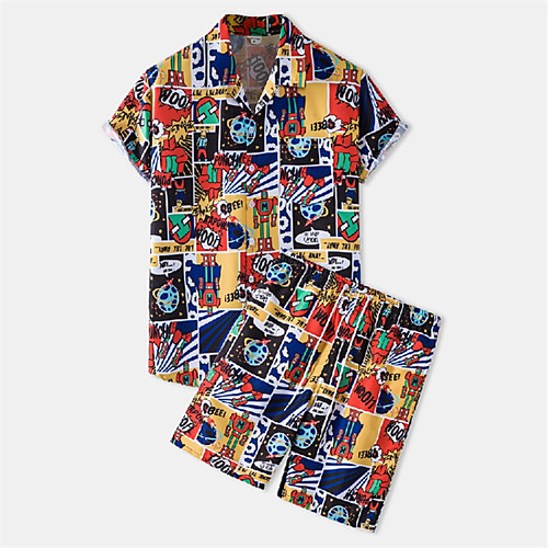 

Men's Shirt Suits Shirt Color Block Graphic Prints Button-Down Short Sleeve Casual Tops Cotton Casual Fashion Hawaiian Breathable Rainbow