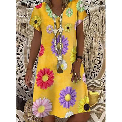 

Women's A Line Dress Knee Length Dress Blue Yellow Blushing Pink Short Sleeve Floral Summer V Neck Elegant Casual 2021 S M L XL XXL 3XL 4XL 5XL