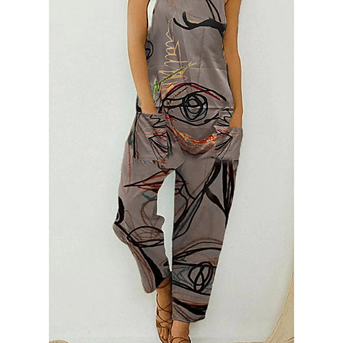 

Women's Ordinary Off Shoulder Camel Green Jumpsuit Abstract Print