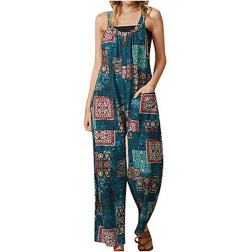 

amazon aliexpress wish loose retro print jumpsuit cotton and linen pocket loose wide-leg jumpsuit