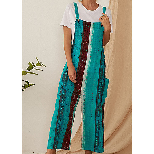 

Women's Ordinary Wide Leg Red Green Jumpsuit Striped Color Block Print
